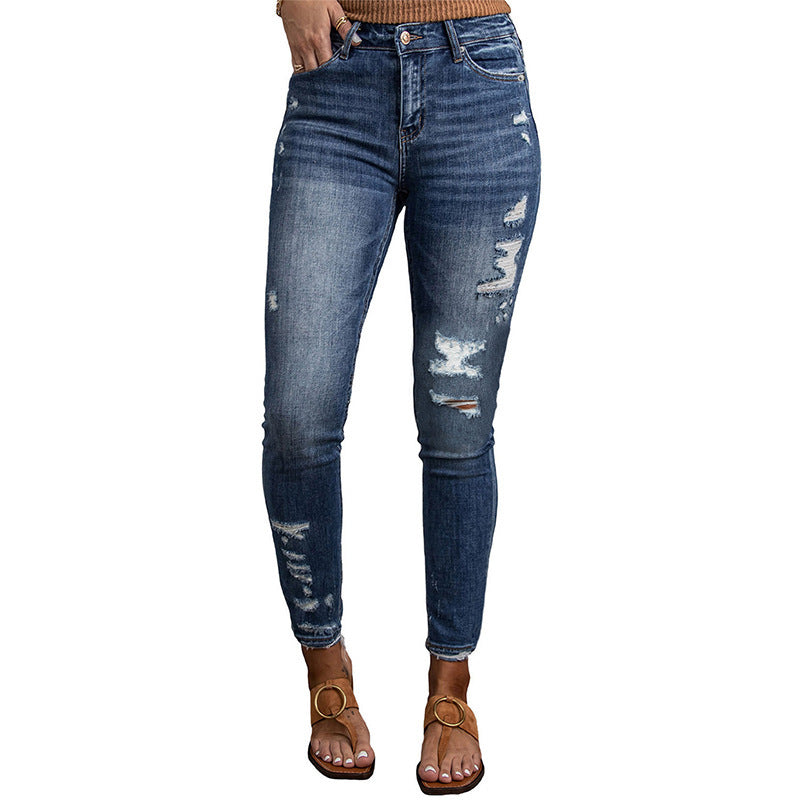 Jean taille haute décontracté et ajusté pour femme, effet vieilli, bleu foncé
