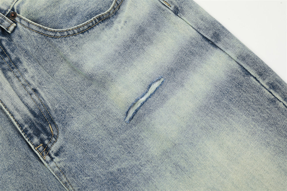 Men's Mid Waist Blue Washed Denim Trousers Ripped Jeans