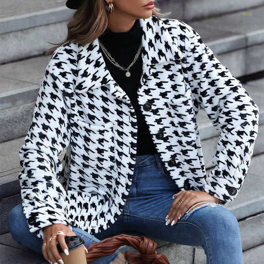 Women's Mid-Length Houndstooth Fleece Plush Loose Jacket