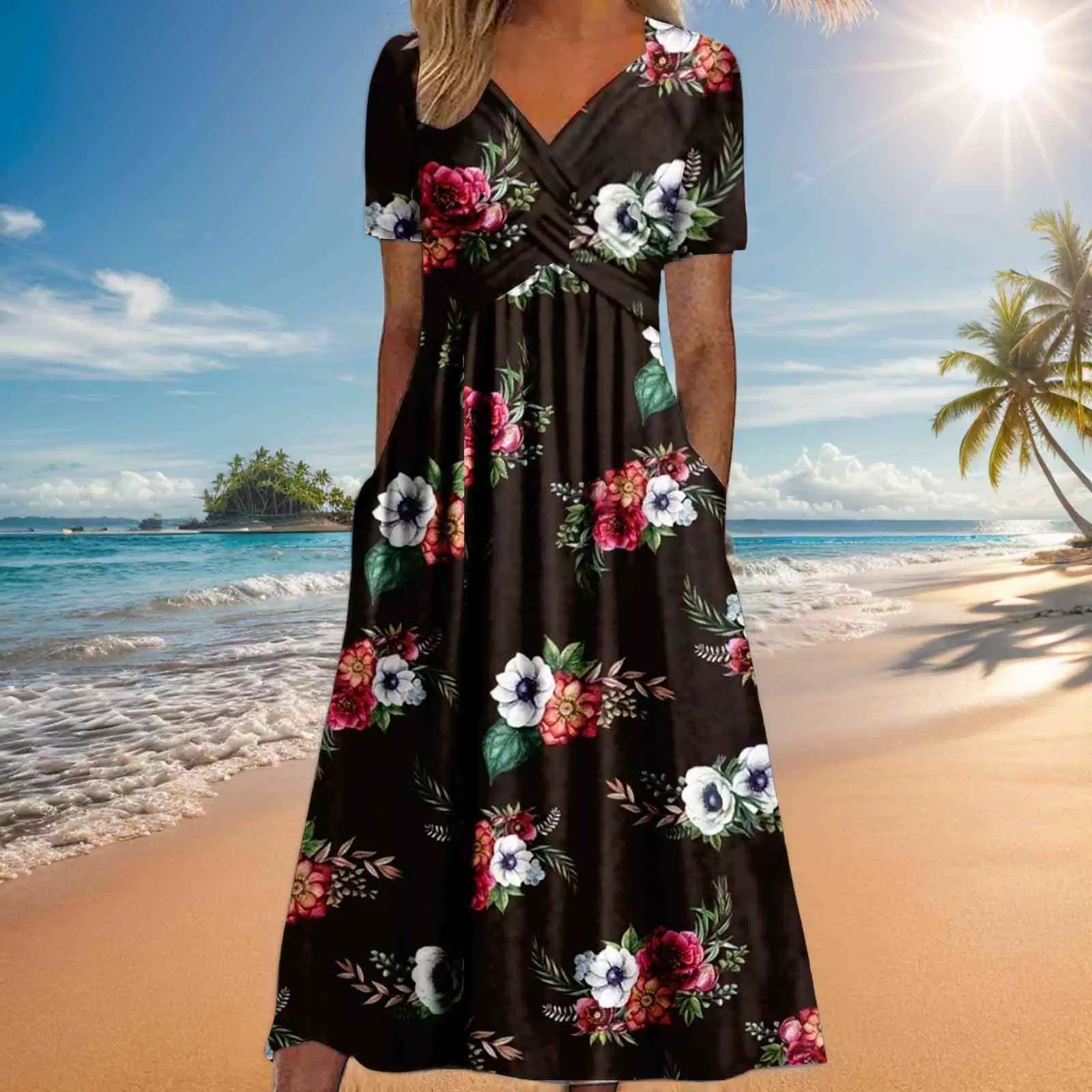 V-Neck Waist-Tight Spring Summer Dress Outerwear Nightdress in Black, Emerald, Peacock Blue, Sizes M-XXXL