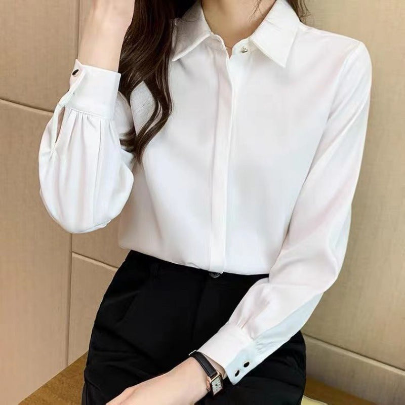 White Slim Fit Long Sleeve Shirt for Women Autumn French Chic
