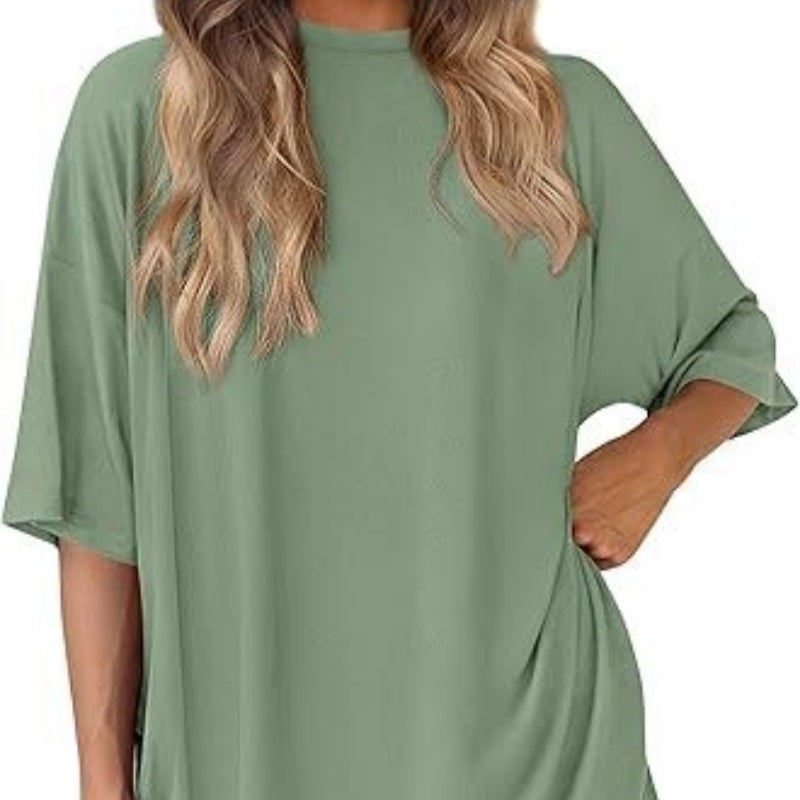 Casual Crew Neck Split Loose Shorts Set with Short Sleeves in Light Green