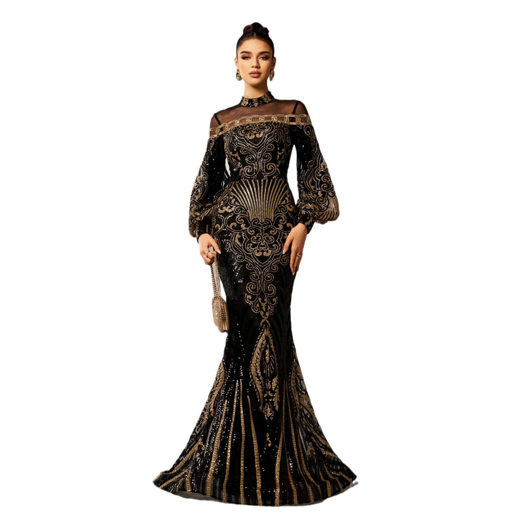 Robe de soirée sirène longue noire à manches longues, col rond et maille à paillettes