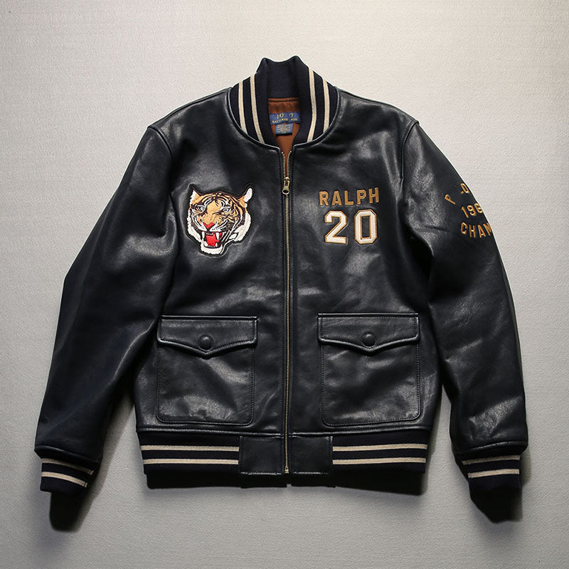 Men's Black Sheepskin Casual Standing Collar Leather Jacket