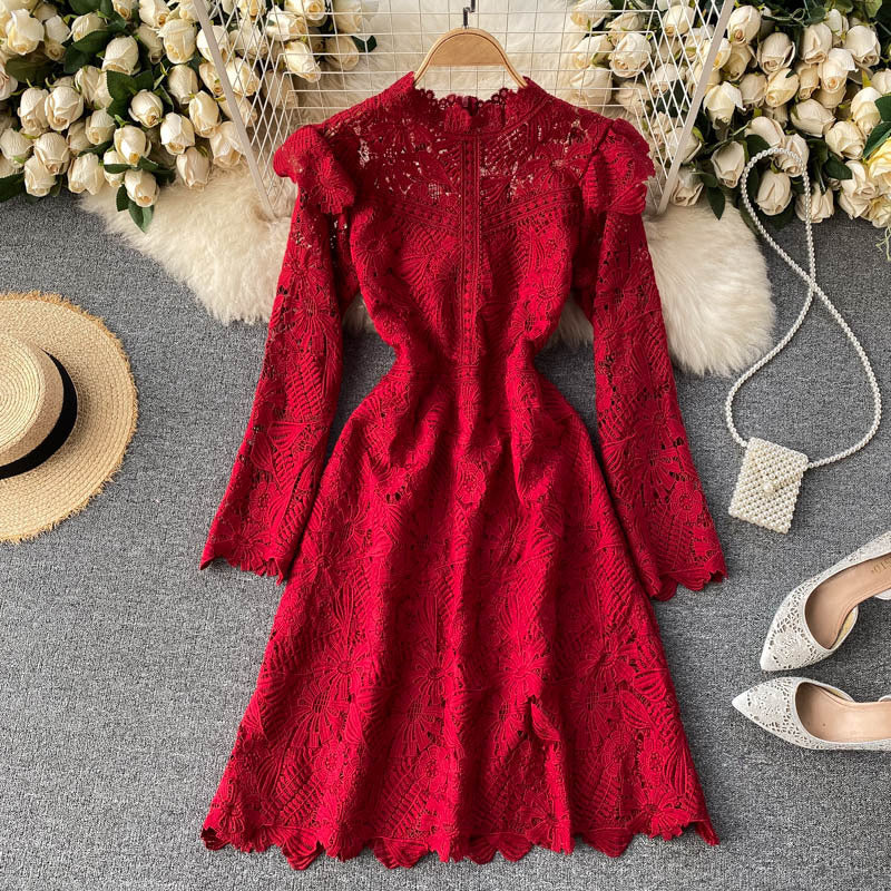 Celebrity Style Temperament Dress Scheming Hollow Lace