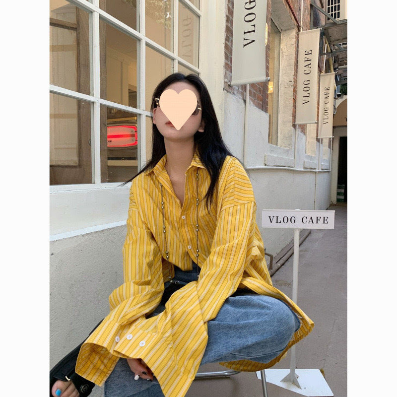 Yellow French Style Design Mid-length Striped Shirt