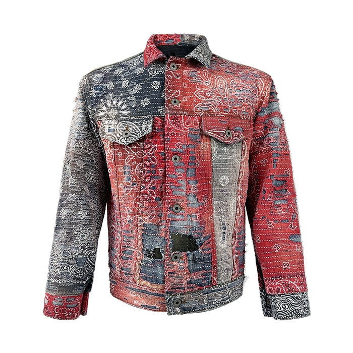 Red Cashew Flower Denim Jacket with Lapel Collar