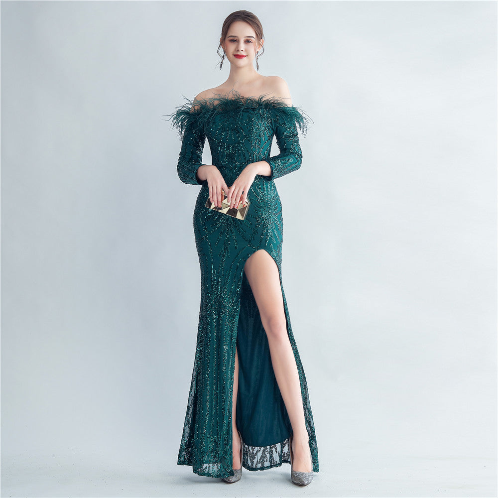 High-Density Ostrich Feather Sequin Off-Shoulder Long Sleeve Fishtail Evening Dress