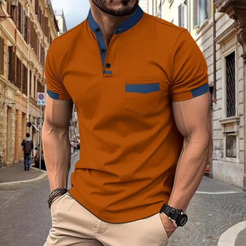 Men's Color Matching Pocket Polo Shirt with Zipper Detail