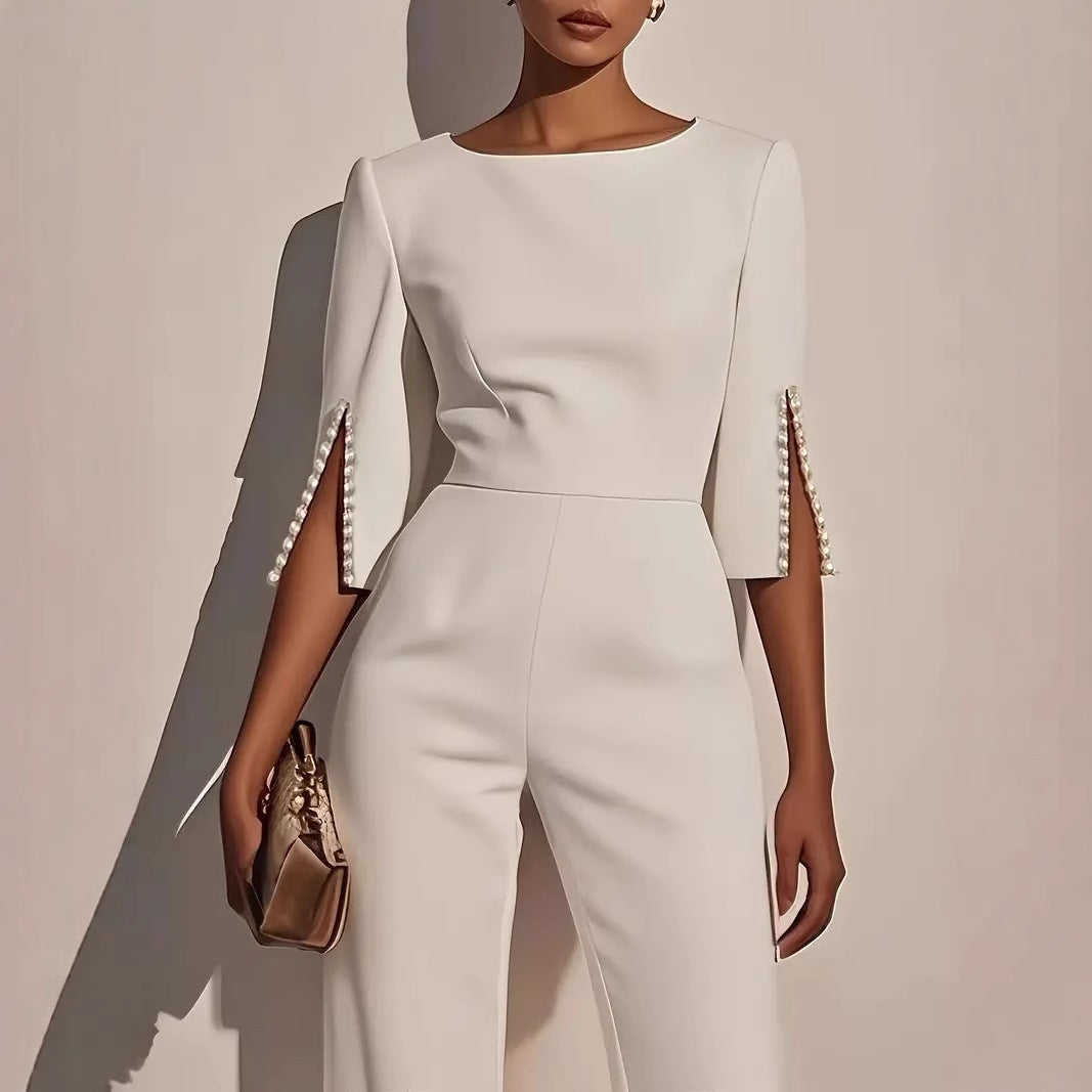 Solid Color Beading Slim Fit Bodysuit for Women