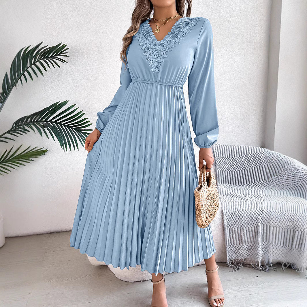 Women's V-neck Lace Cinched Pleated Long Dress