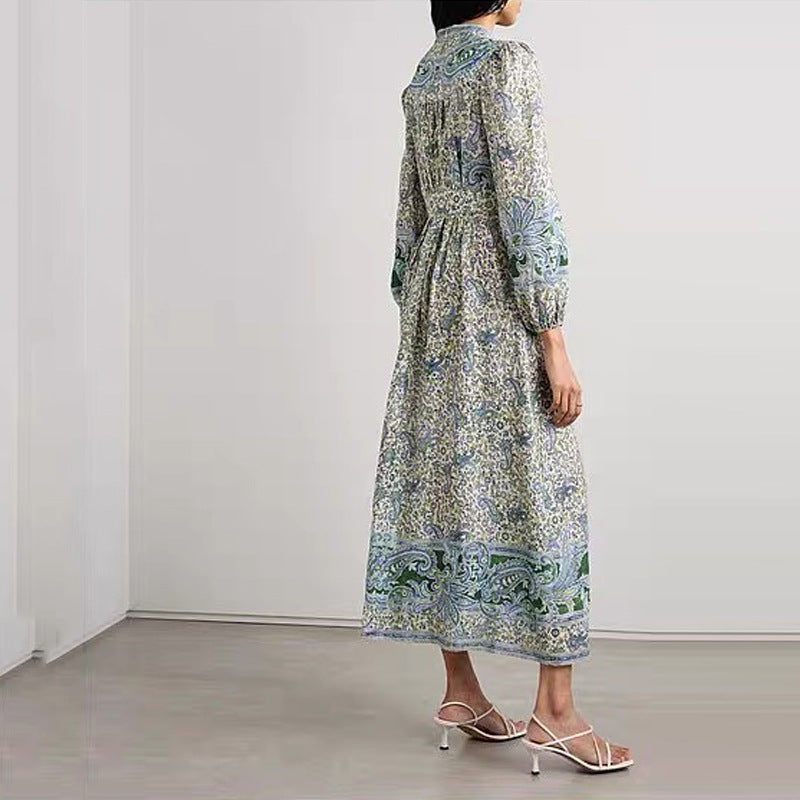 Robe longue boutonnée à motif géométrique rétro verte