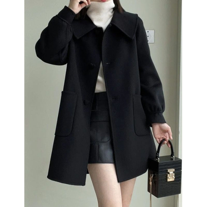 Slim Fit Medium Woolen Coat with Heart Buckle & Peter Pan Collar for Women