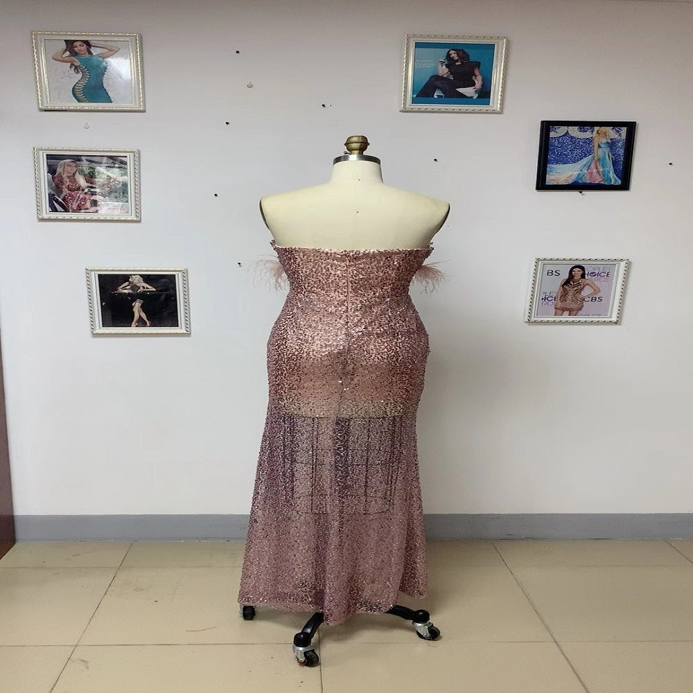Robe bustier en polyester à sequins roses taille mi-haute pour femme