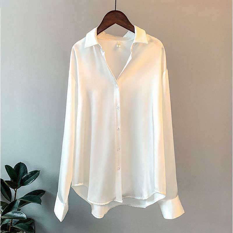 Women's Long-Sleeve Satin Shirt in Pearly White, Green, Apricot & Black