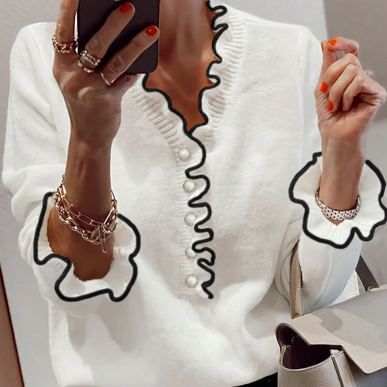 Women's Long Sleeve V-Neck Bell Sleeve Sweater Pullover