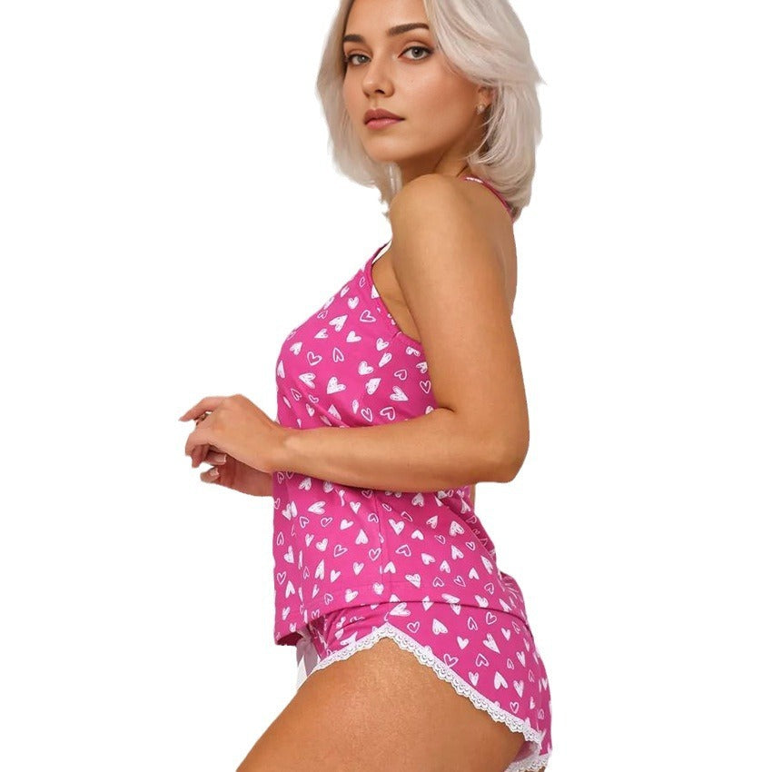 Ensemble de pyjama pour femme avec short à bretelles motif cœur, en polyester, tailles S-L