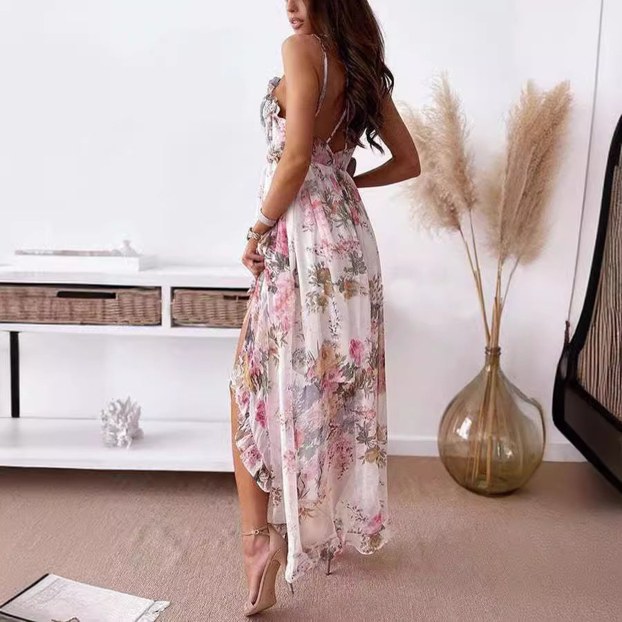 Sweet Temperament Fairy Print V-Neck Sleeveless Suspender Dress in White & Pink, Sizes S-2XL