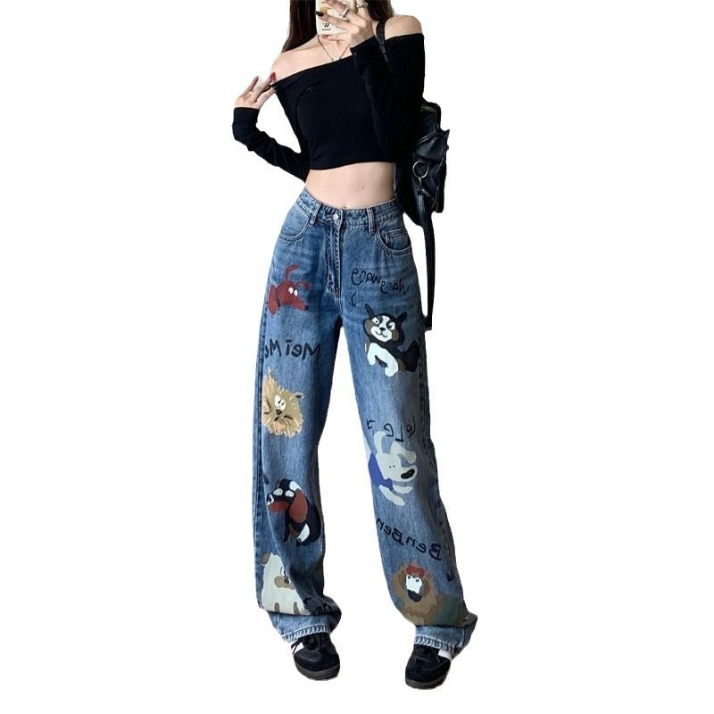 Jean taille haute en jean bleu avec graffitis style rétro américain pour femmes