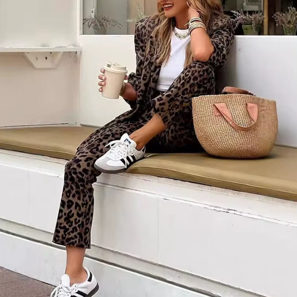 Women's Digital Print Long-Sleeve Cardigan & Trousers Suit