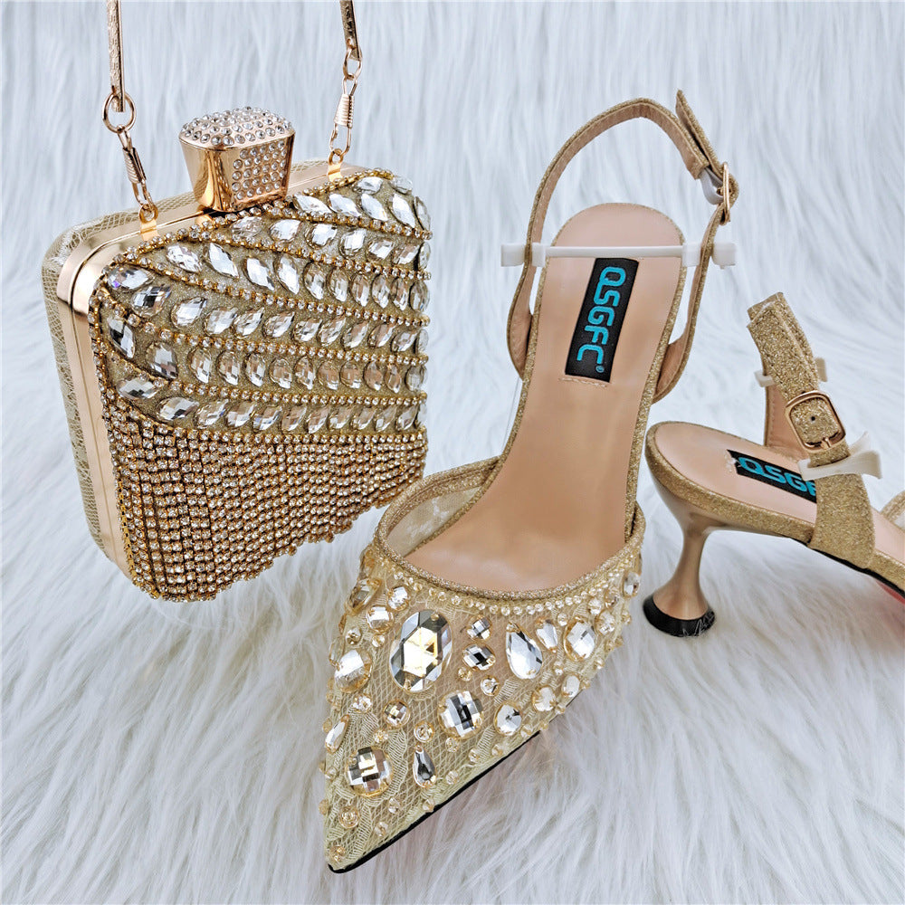 Ladies' High Heel Party Sandals with Diamond Bag Set