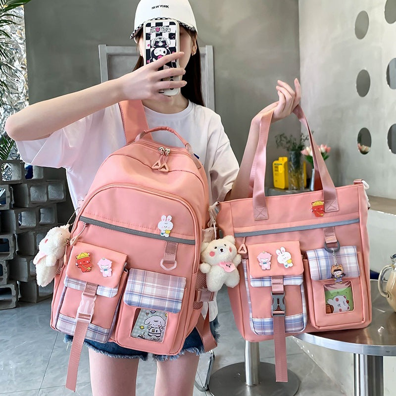 Harajuku Preppy Nylon Backpack Two-Piece Set with Stripes, 33x44x14cm
