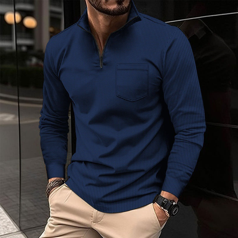 Men's Long Sleeve Waffle Sports Polo Shirt with Zipper Pocket