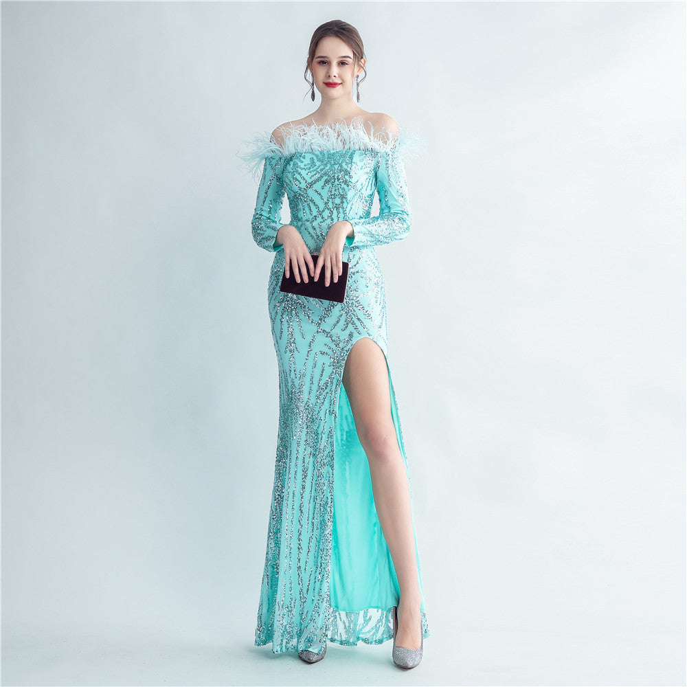 High-Density Ostrich Feather Sequin Off-Shoulder Long Sleeve Fishtail Evening Dress