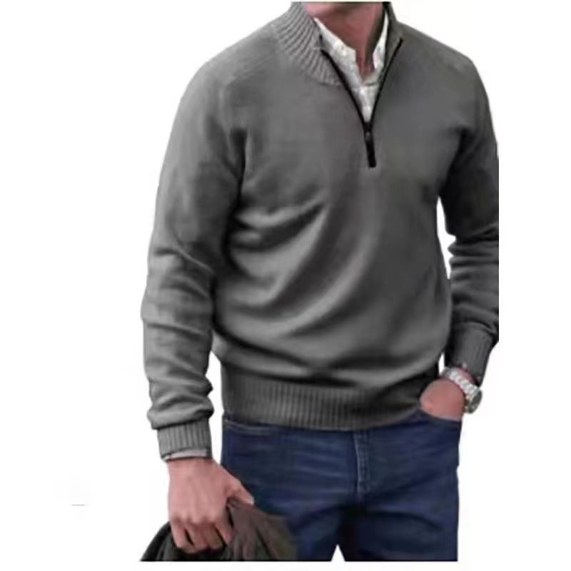 Pull homme à col montant zippé, en maille, style décontracté, couleur unie.