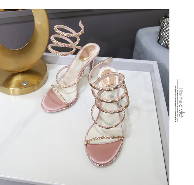 Women's Rhinestone Satin Ankle-Strap Stiletto Heels Sandals