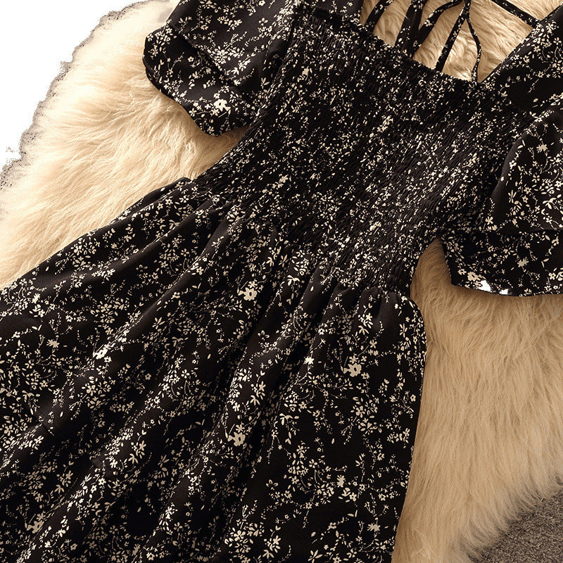 French Square Collar Floral Dress Waist Slimming Women