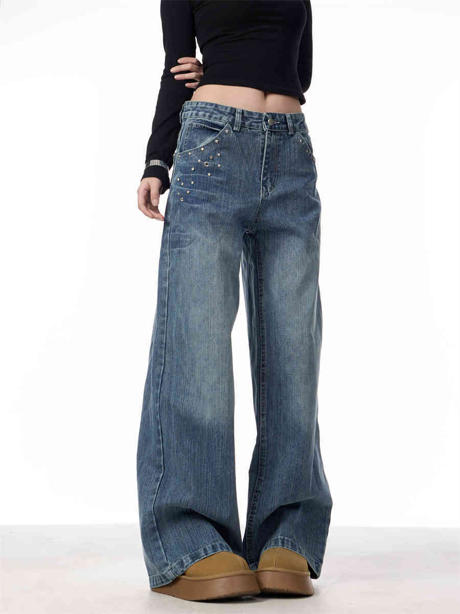 Women's High Waist Wide Leg Baggy Jeans Straight Trousers