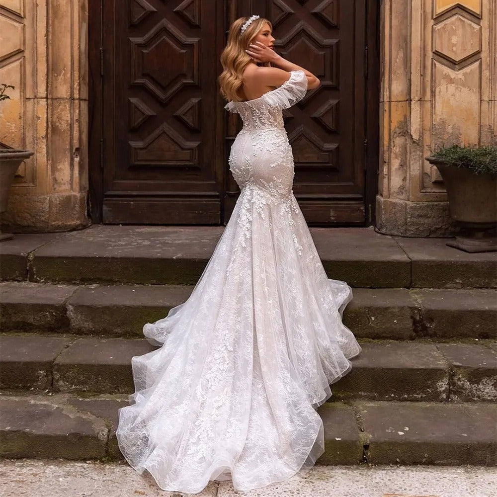 Robe de mariée bohème sirène en tulle polyester unie