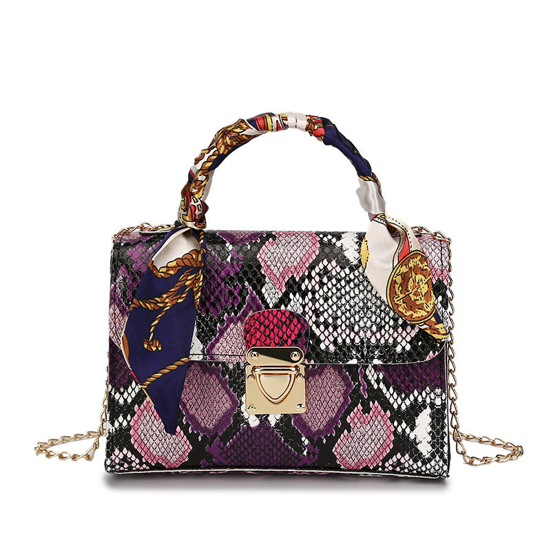 Colorful Snake Print PU Leather Medium Square Handbag