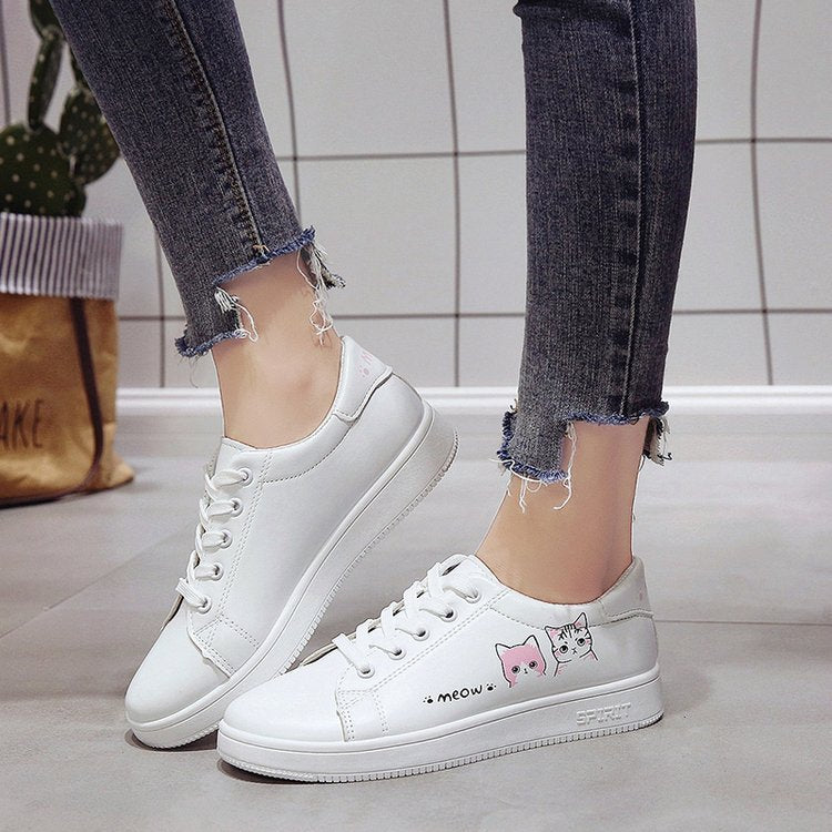 Women's White Leather Flat Shoes Small Size Cat Design