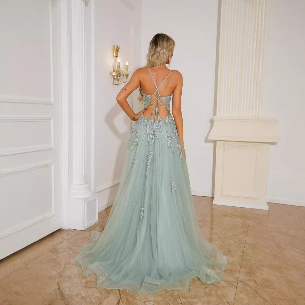 Robe de soirée longue pour femme avec bretelles, manches princesse et laçage