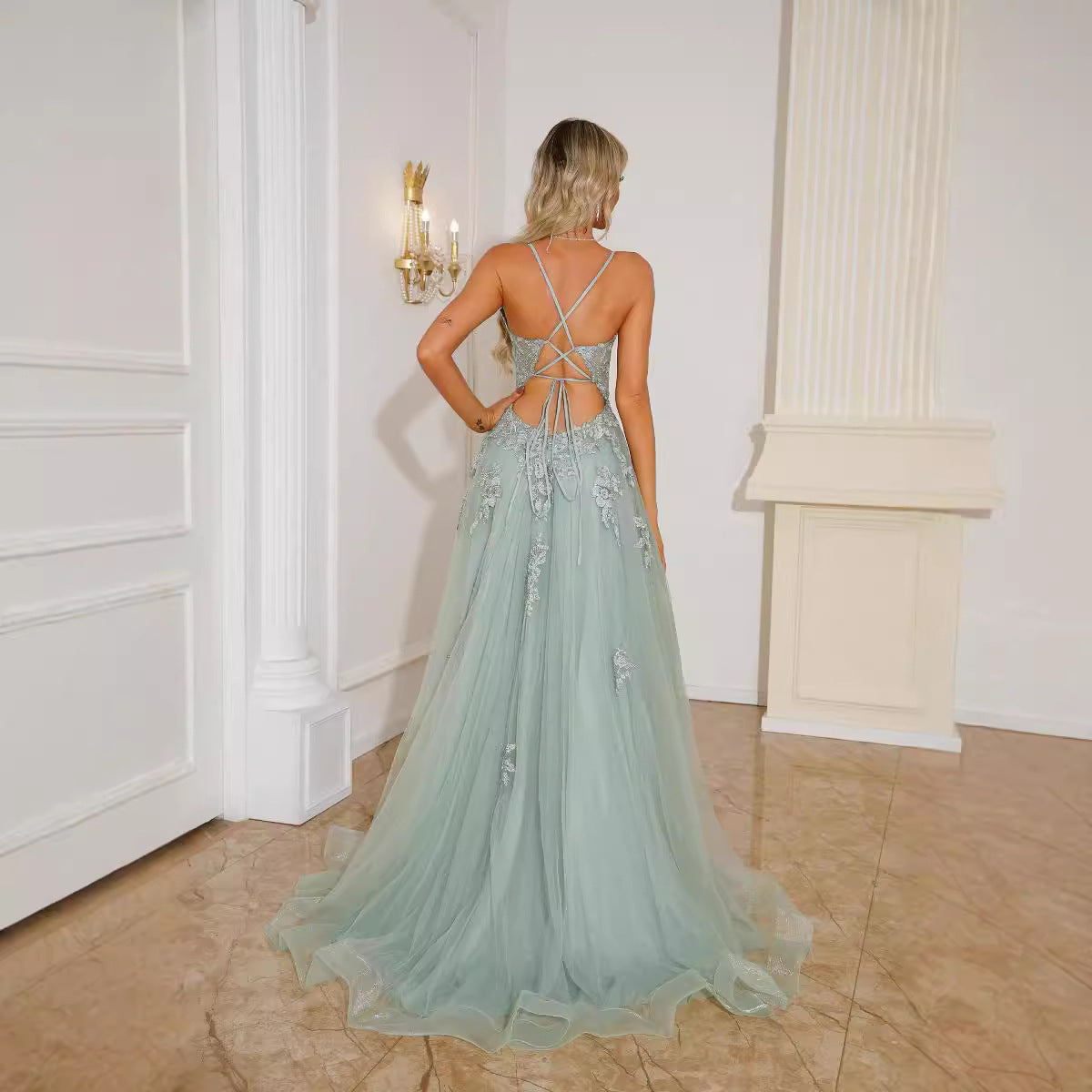 Robe de soirée longue pour femme avec bretelles, manches princesse et laçage