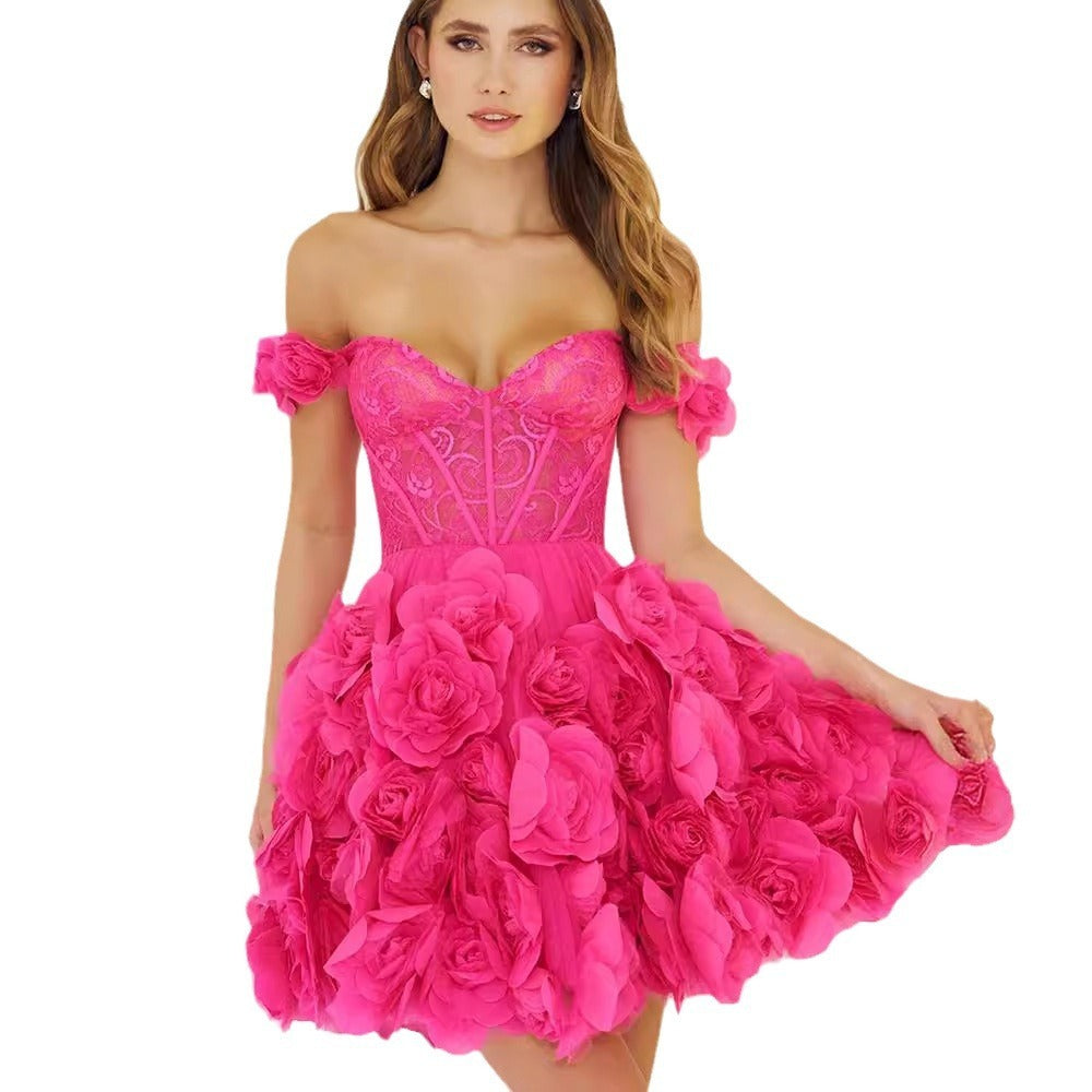 European & American Women's Handmade Dark Pink Flower Gauze Dress Short Sleeve