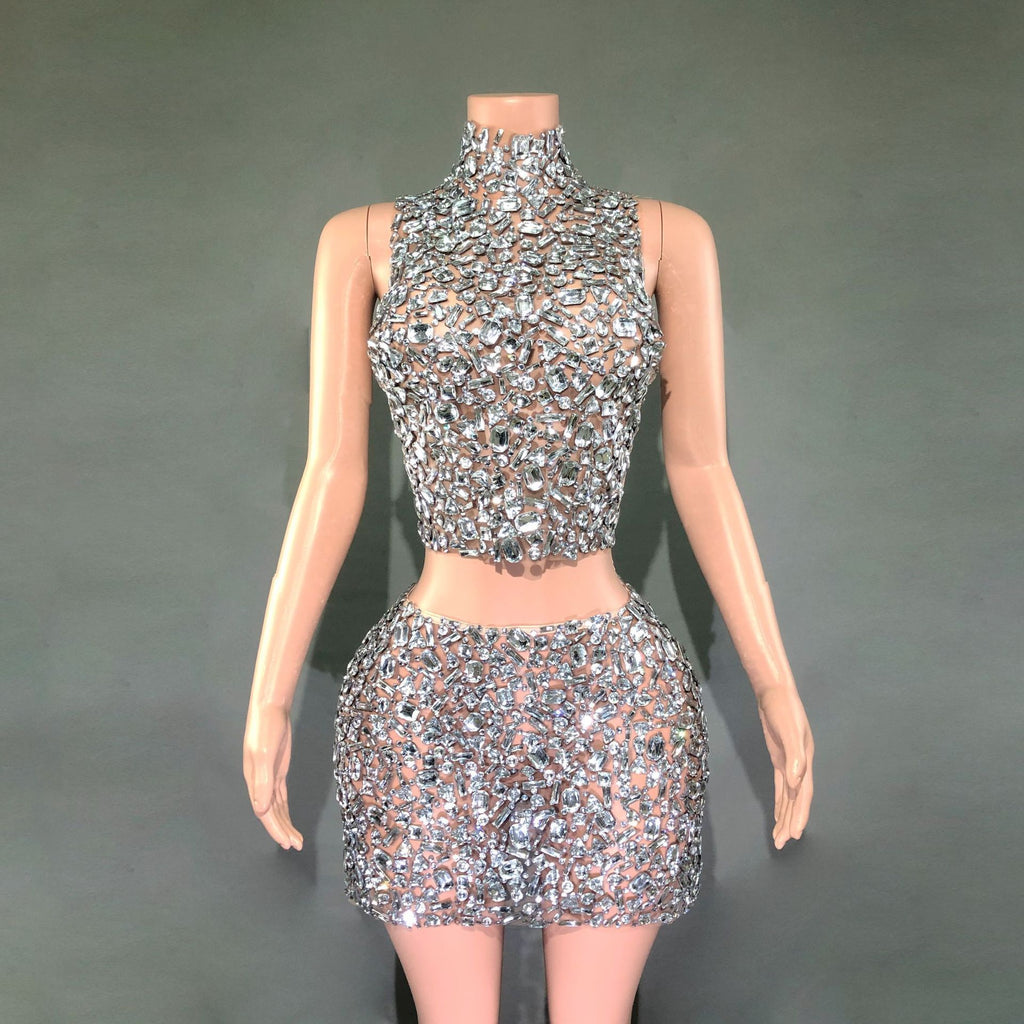 Catwalk Banquet Two-Piece Rhinestone Diamond Waist Slimming Short Gown Set