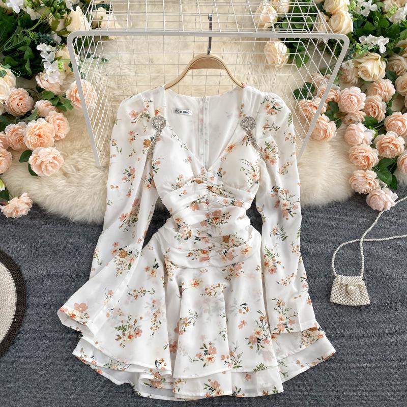 Jupe longue plissée à manches longues à imprimé floral rétro pour femme