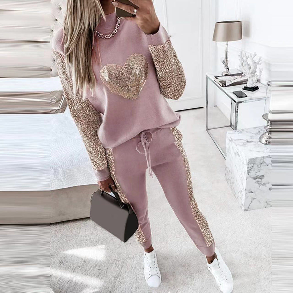 Ensemble décontracté en polyester rose cuir, top col roulé et pantalon à sequins Love pour femme