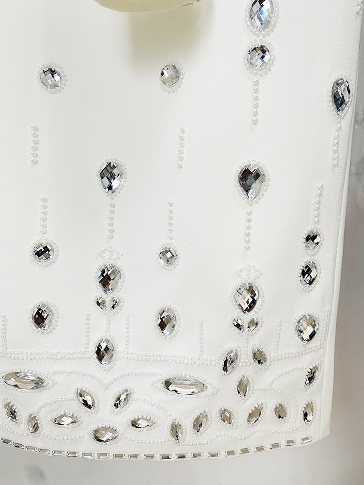 Ensemble haut court perlé industrie lourde incrusté de diamants et jupe longue