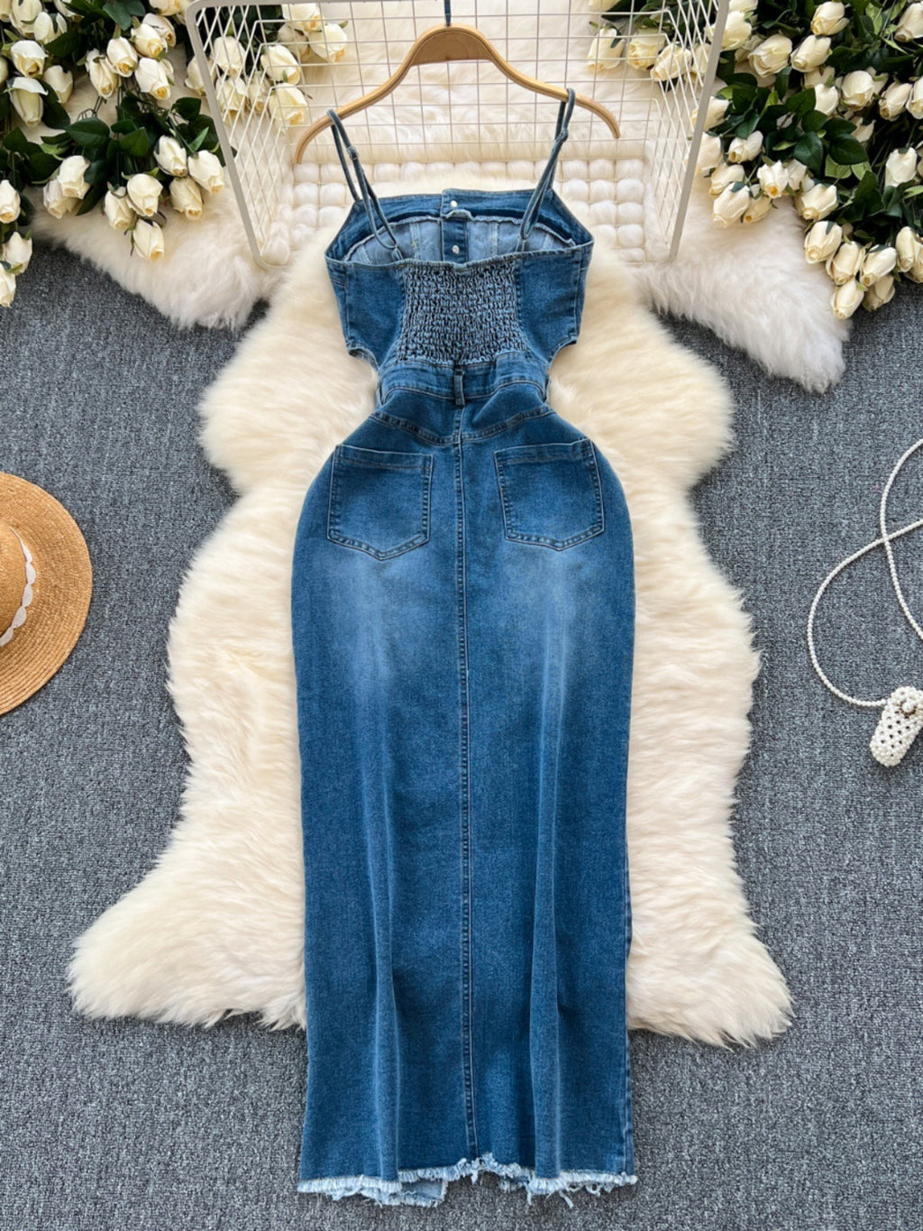 Chic Blue Denim Mid Skirt with Frayed Hem and Split