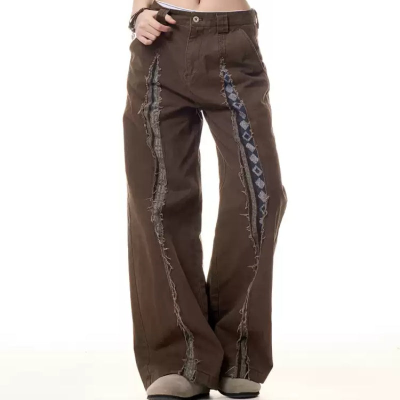 Retro Frayed Multi-Pocket Straight-Leg Jeans for Women