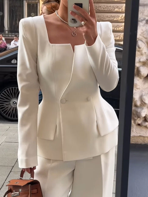 Two-Button Square Collar Solid Color Polyester Blazer