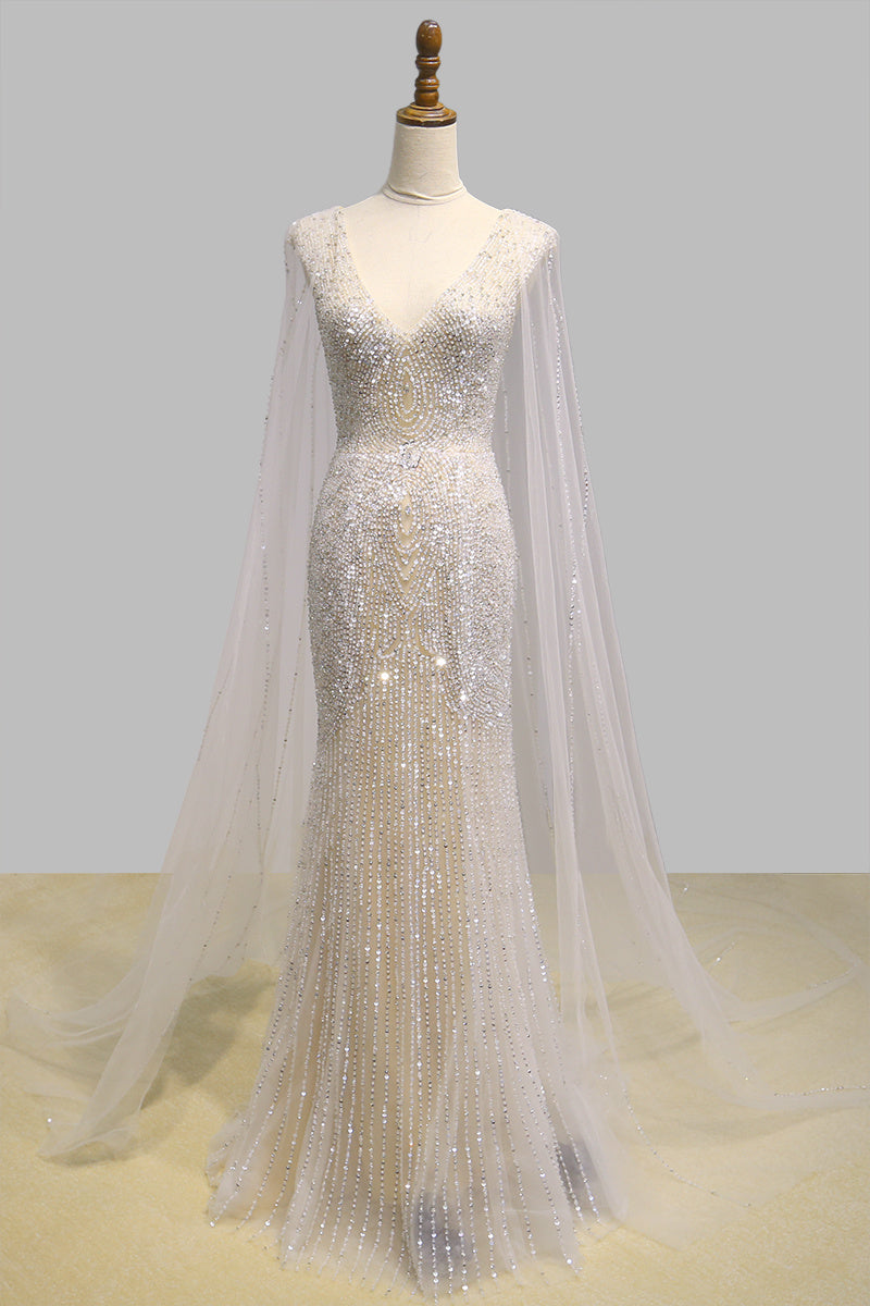 Robe de Soirée en Maille Champagne Personnalisée pour Femme avec Perles Clous
