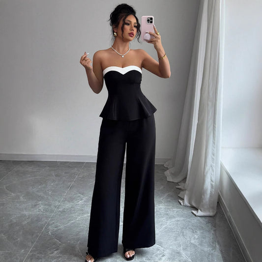Elegant Stitching Off-the-shoulder Vest Wide-leg Trousers Set For Women
