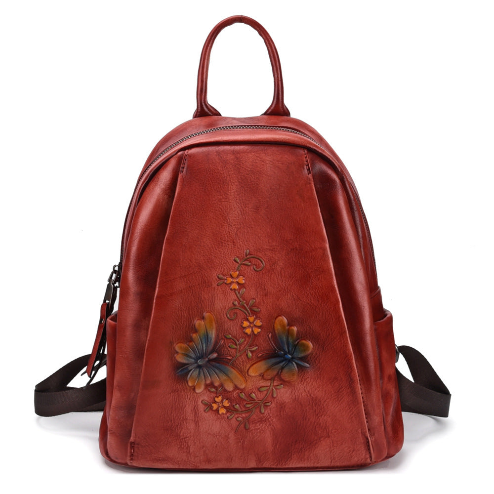 Women's Retro Leather Backpack Medium 20-35L Zipper Closure