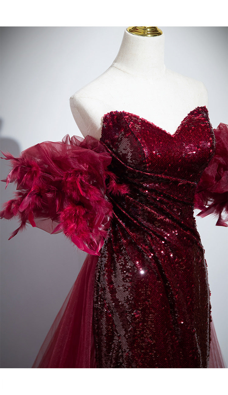 Wine Red Fishtail Sequins Wedding Evening Dress with Lantern Sleeves