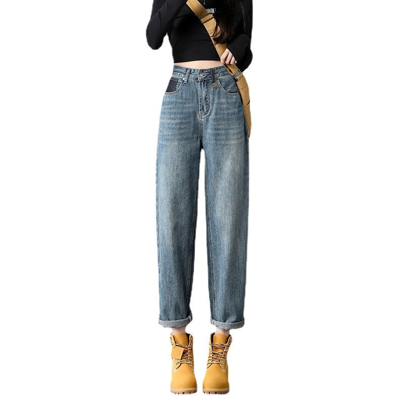 Jeans harem en jean bleu rétro taille haute pour femme avec broderie au dos
